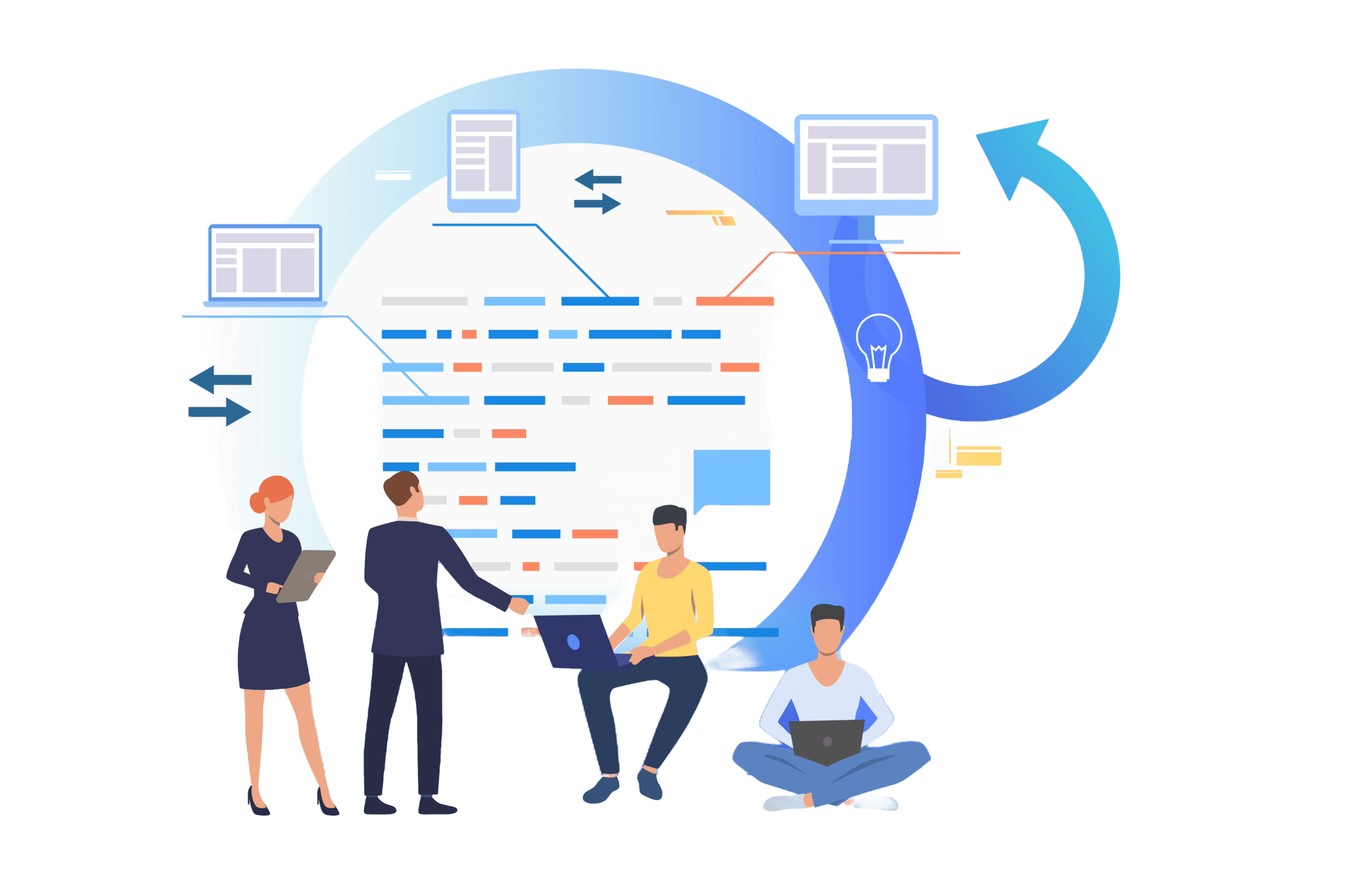 Illustration of a team collaborating around a continuous data and analytics cycle